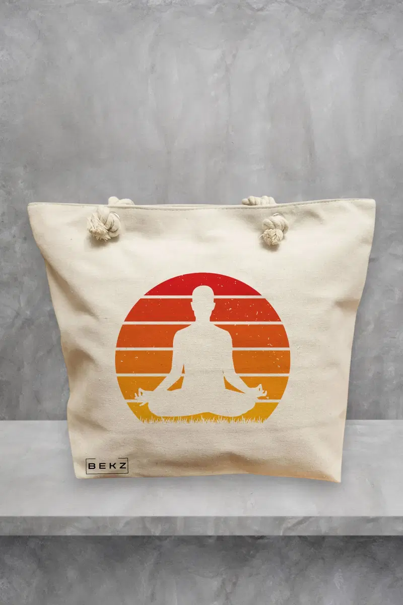 Geanta de Plaja Canvas Tote pentru femei Yoga 7, 40x51 cm, Bej, BEKZ®