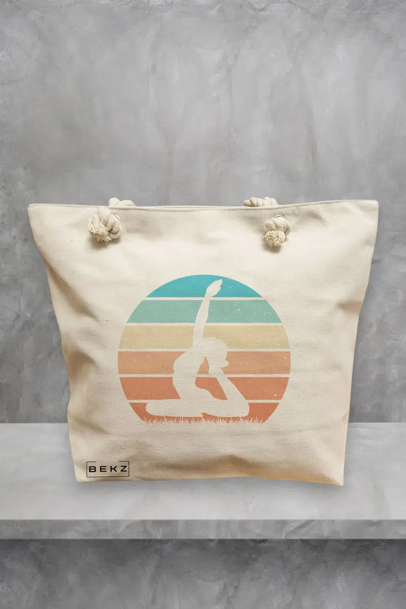 Geanta de Plaja Canvas Tote pentru femei Yoga 8, 40x51 cm, Bej, BEKZ®