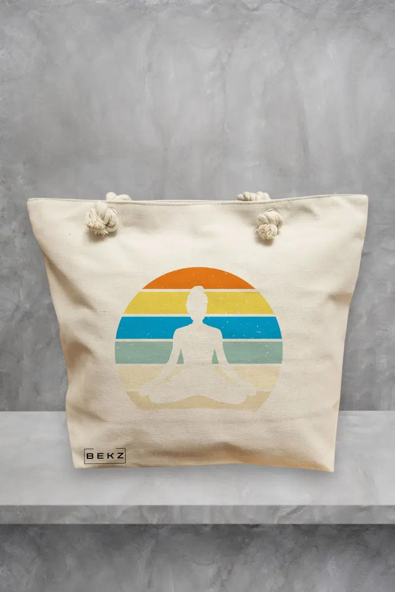 Geanta de Plaja Canvas Tote pentru femei Yoga 9, 40x51 cm, Bej, BEKZ®