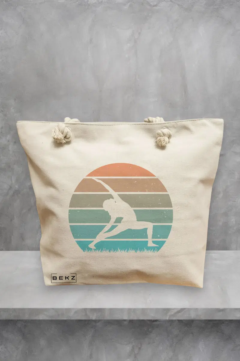 Geanta de Plaja Canvas Tote pentru femei Yoga 10, 40x51 cm, Bej, BEKZ®