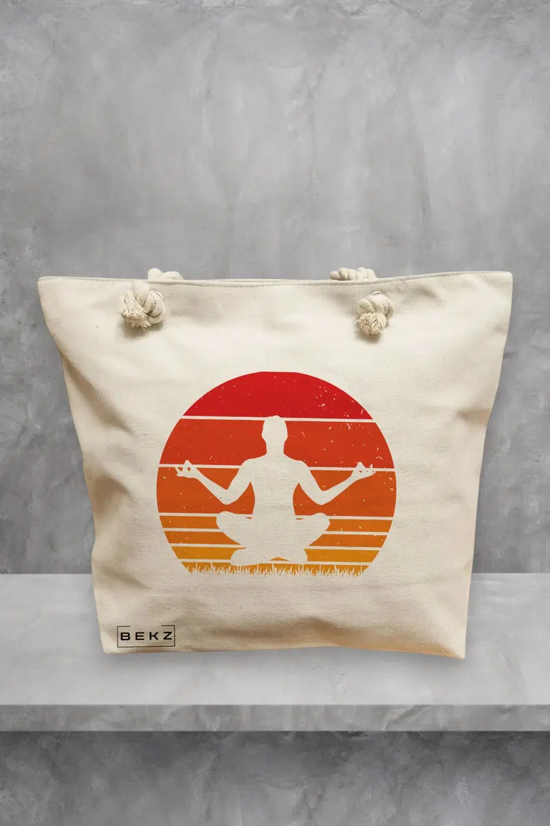 Geanta de Plaja Canvas Tote pentru femei Yoga 11, 40x51 cm, Bej, BEKZ®