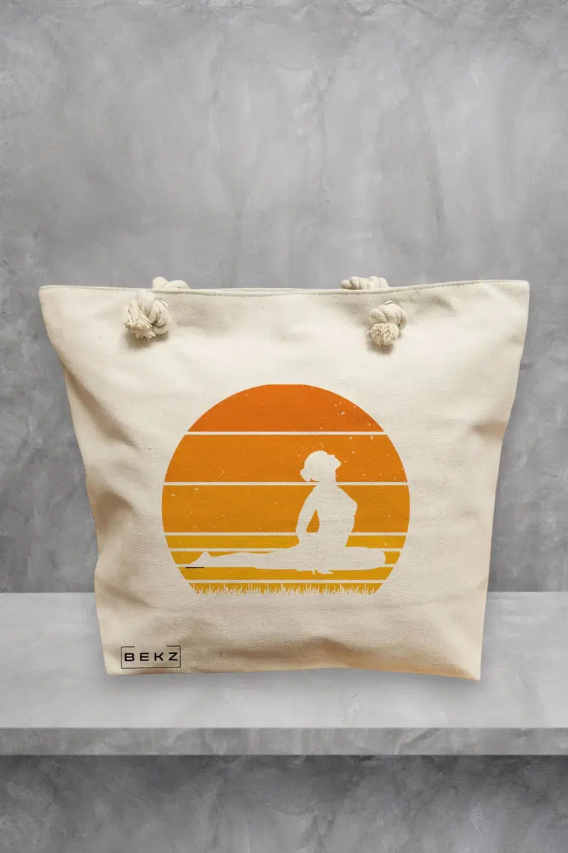 Geanta de Plaja Canvas Tote pentru femei Yoga 12, 40x51 cm, Bej, BEKZ®