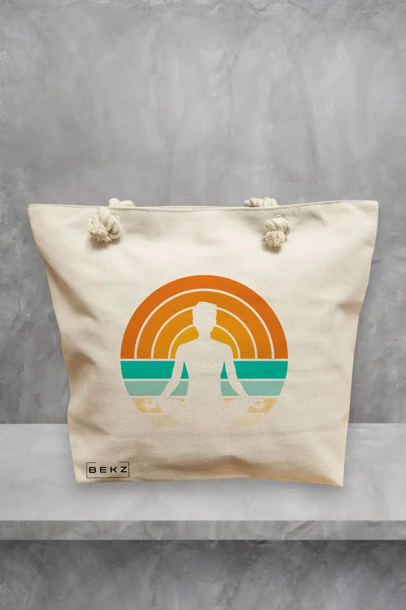 Geanta de Plaja Canvas Tote pentru femei Yoga 14, 40x51 cm, Bej, BEKZ®