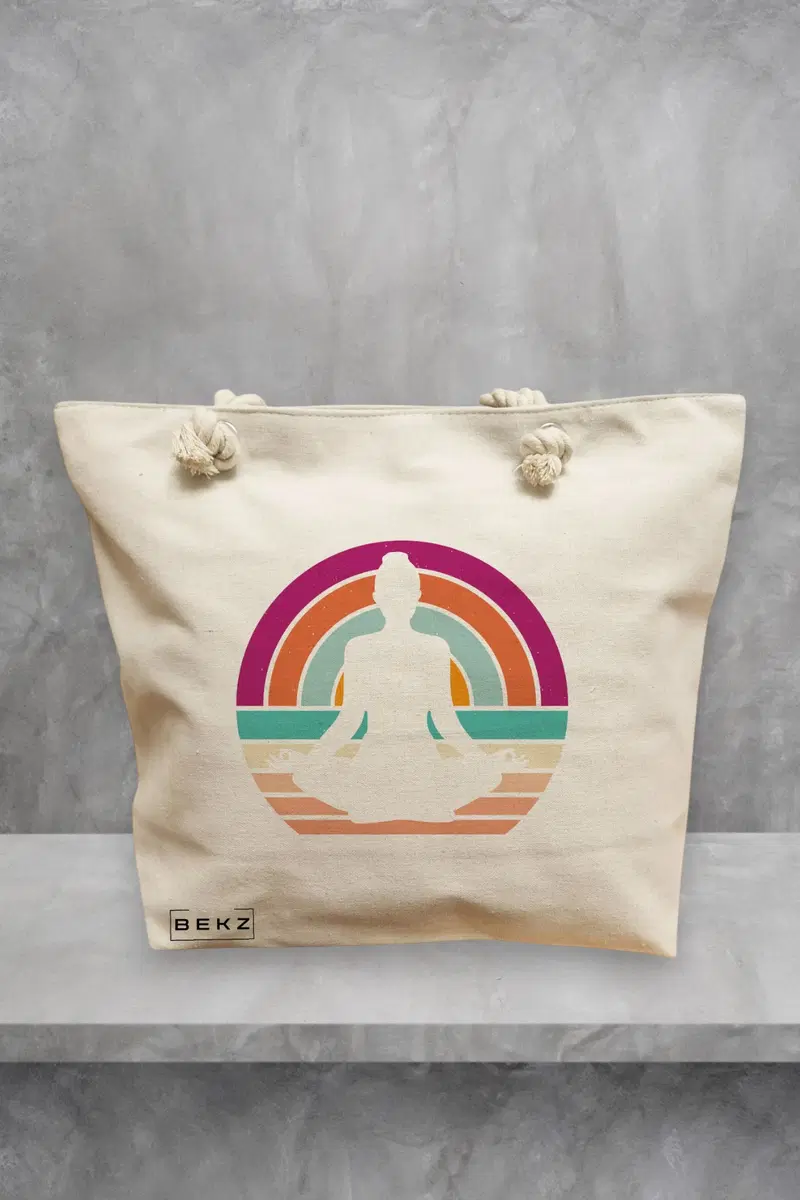 Geanta de Plaja Canvas Tote pentru femei Yoga 17, 40x51 cm, Bej, BEKZ®