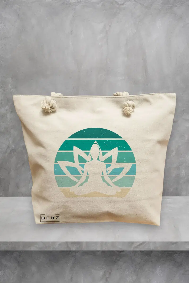 Geanta de Plaja Canvas Tote pentru femei Yoga 19, 40x51 cm, Bej, BEKZ®