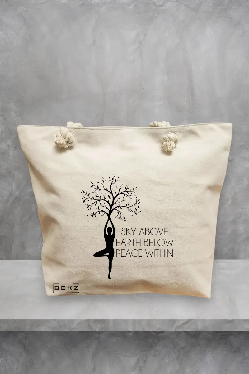 Geanta de Plaja Canvas Tote pentru femei Yoga Sky above earth peace within, 40x51 cm, Bej, BEKZ®