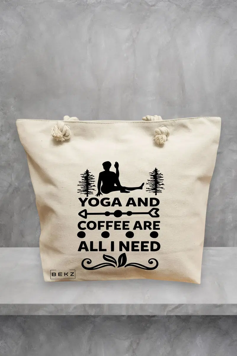 Geanta de Plaja Canvas Tote pentru femei Yoga and Coffee are all I need, 40x51 cm, Bej, BEKZ®