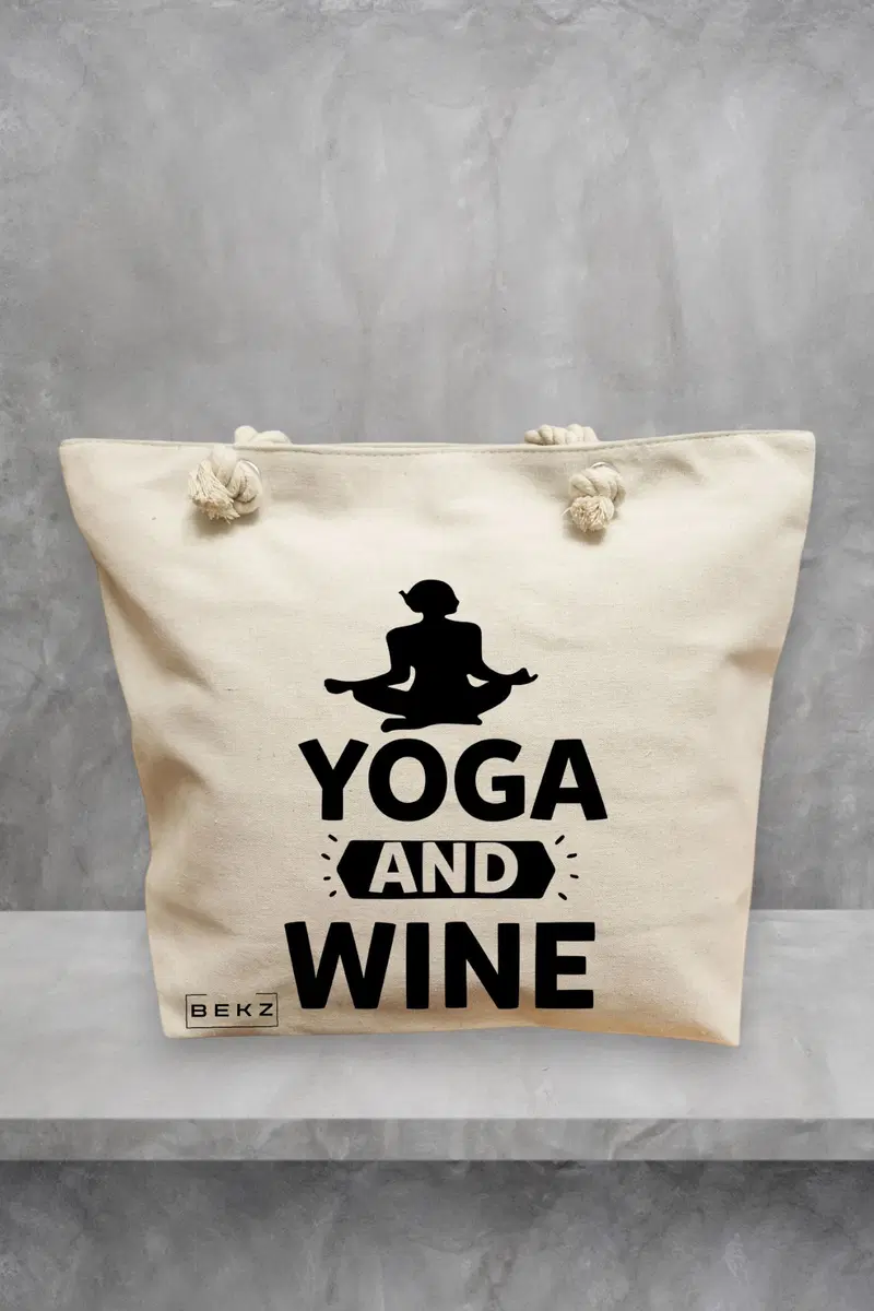 Geanta de Plaja Canvas Tote pentru femei Yoga and Wine, 40x51 cm, Bej, BEKZ®