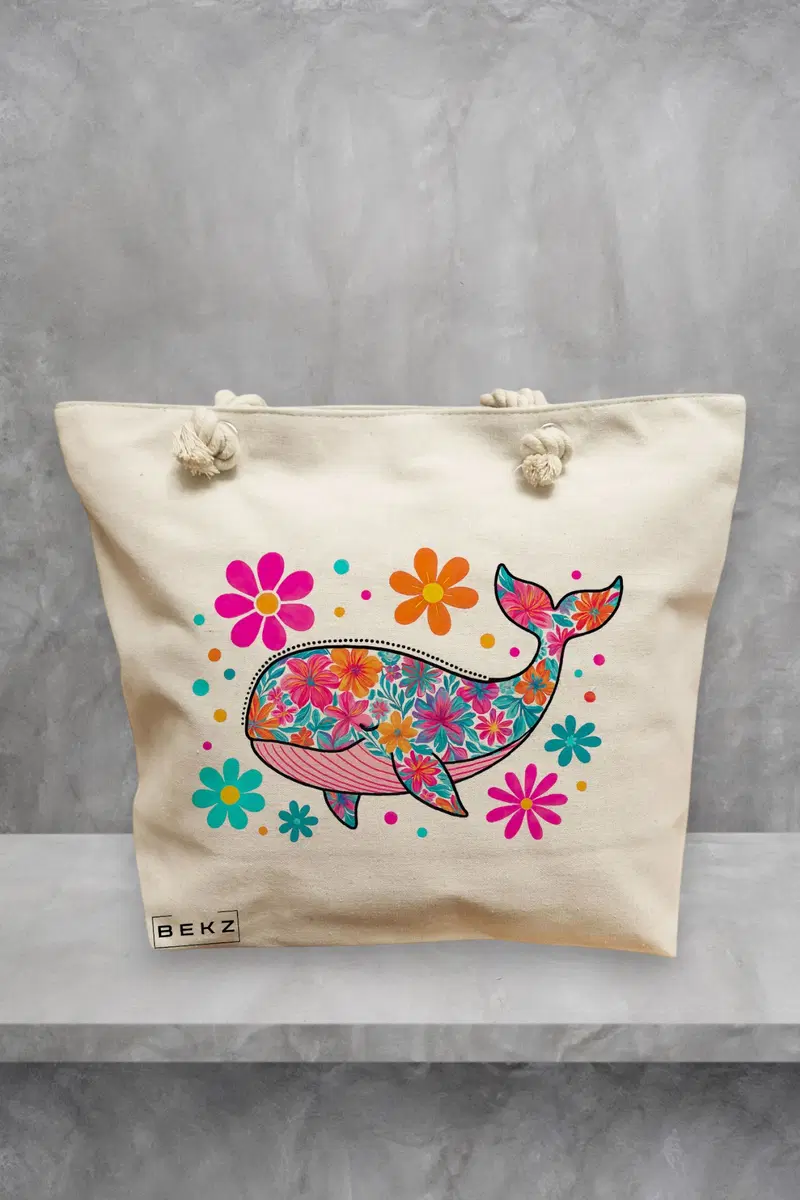 Geanta de Plaja Canvas Tote Bag pentru femei, model Balena Florala, 40x51 cm, Bej, BEKZ®