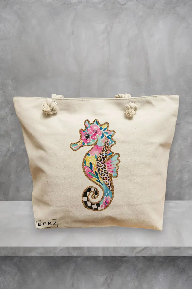 Geanta de Plaja Canvas Tote Bag pentru femei, model Cal de Mare, 40x51 cm, Bej, BEKZ®