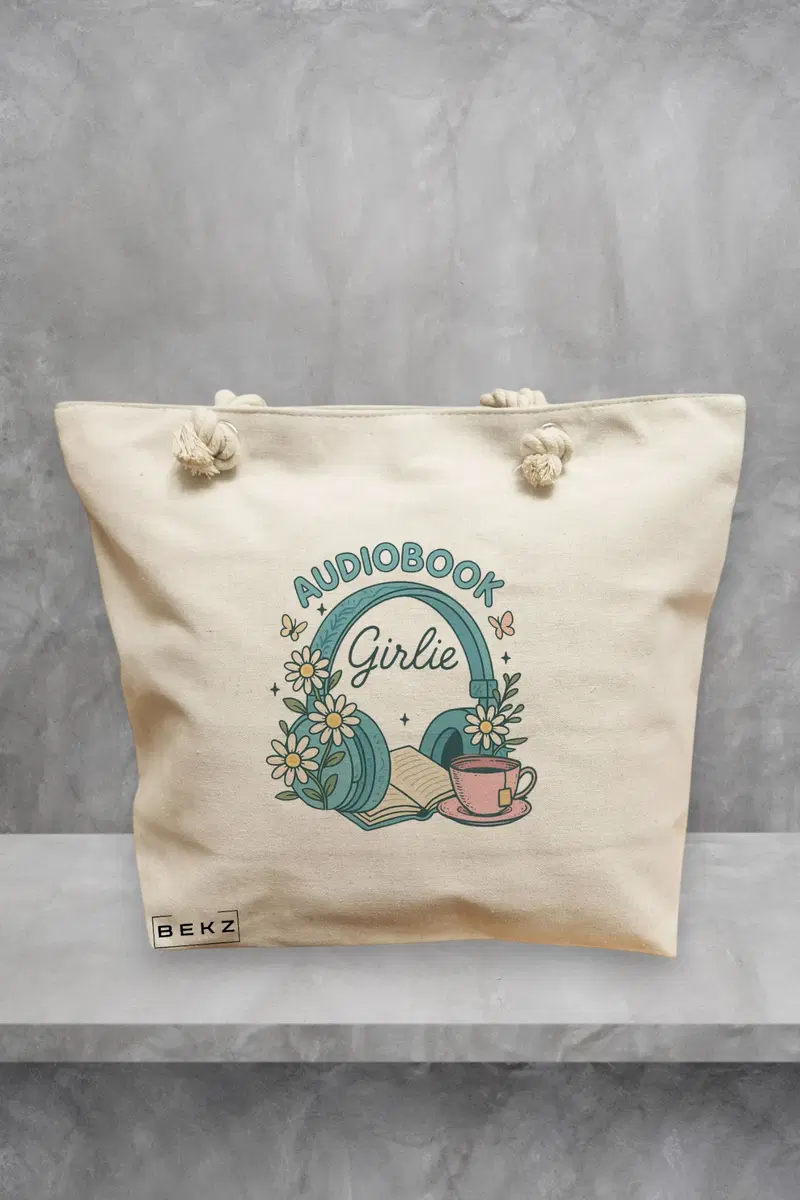 Geanta de Plaja Canvas Tote Bag pentru femei, model Audiobook Girlie, 40x51 cm, Bej, BEKZ®