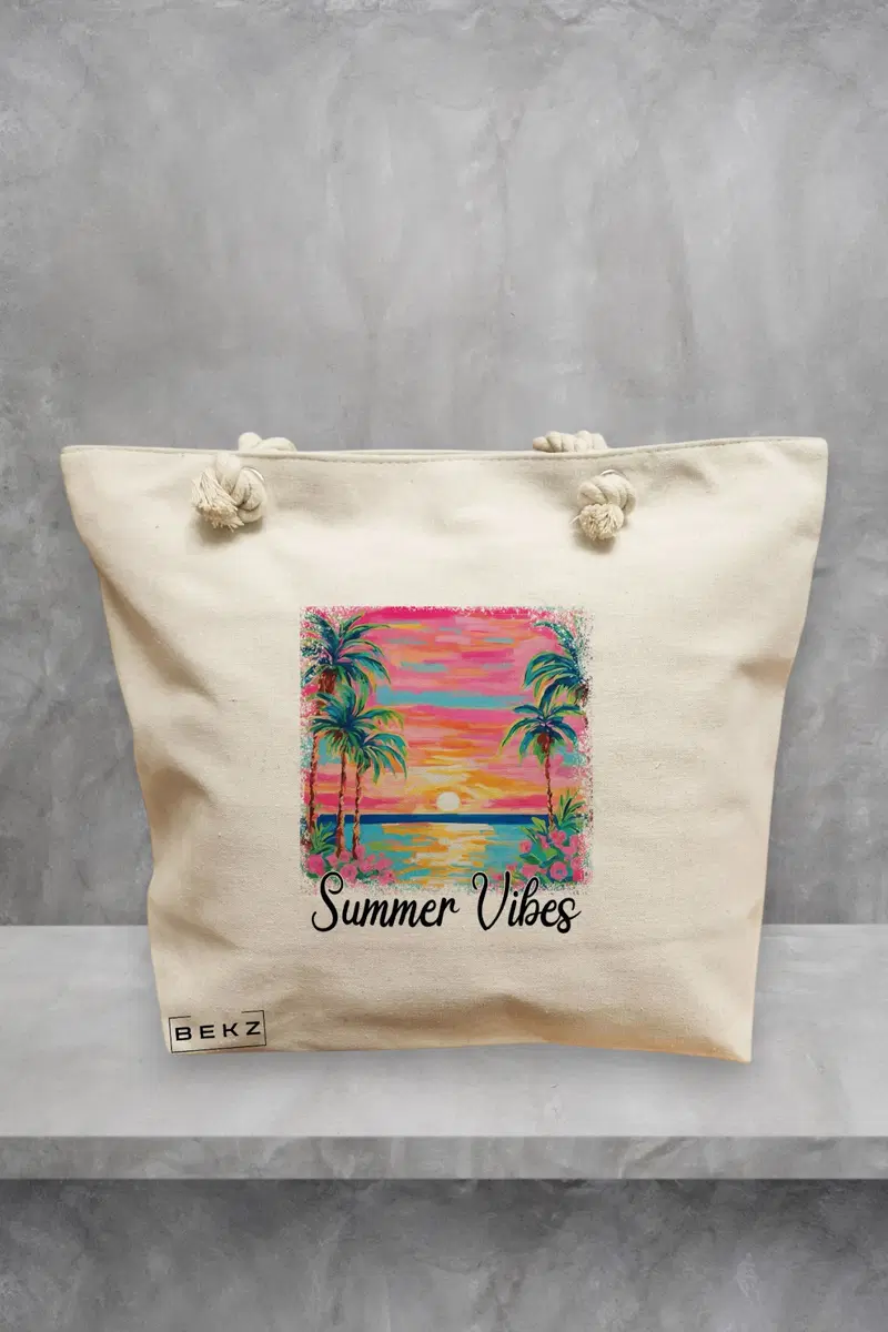 Geanta de Plaja Canvas Tote Bag pentru femei, model Summer Vibes, 40x51 cm, Bej, BEKZ®