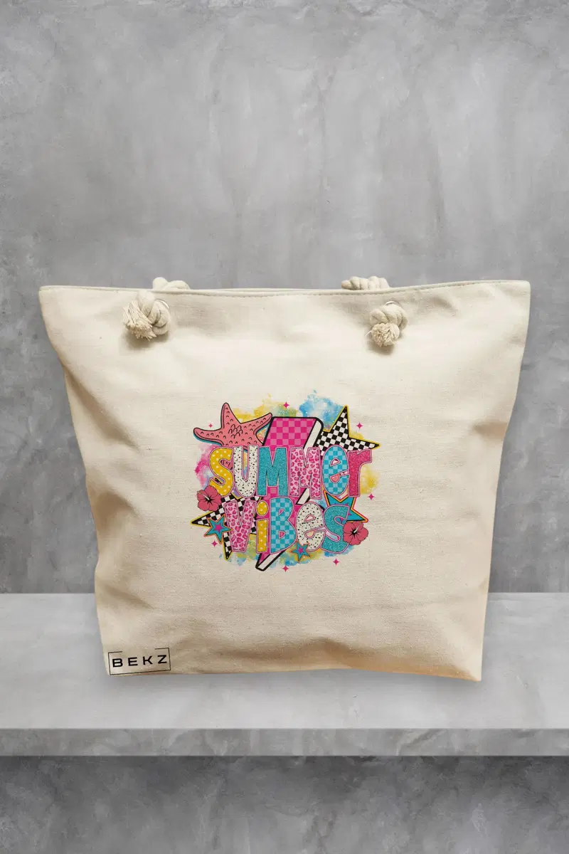 Geanta de Plaja Canvas Tote Bag pentru femei, model Summer Vibes 2, 40x51 cm, Bej, BEKZ®