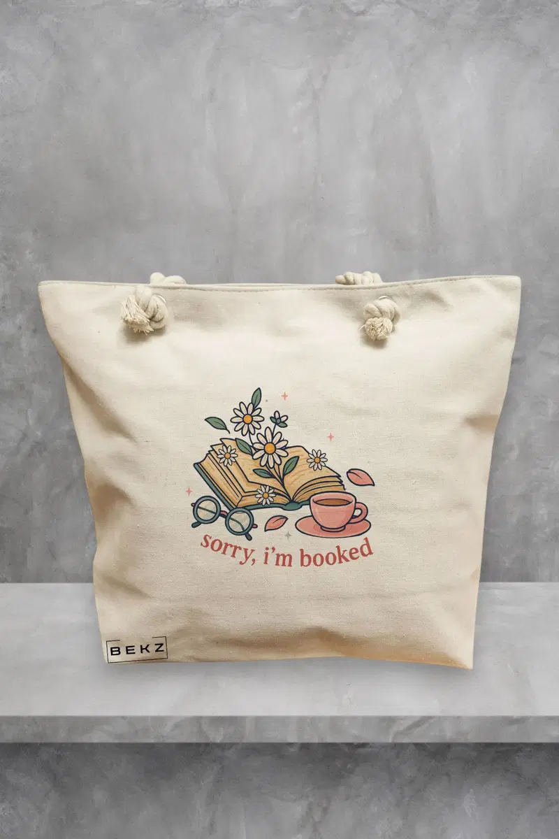 Geanta de Plaja Canvas Tote Bag pentru femei, model Sorry I'm Booked, 40x51 cm, Bej, BEKZ®