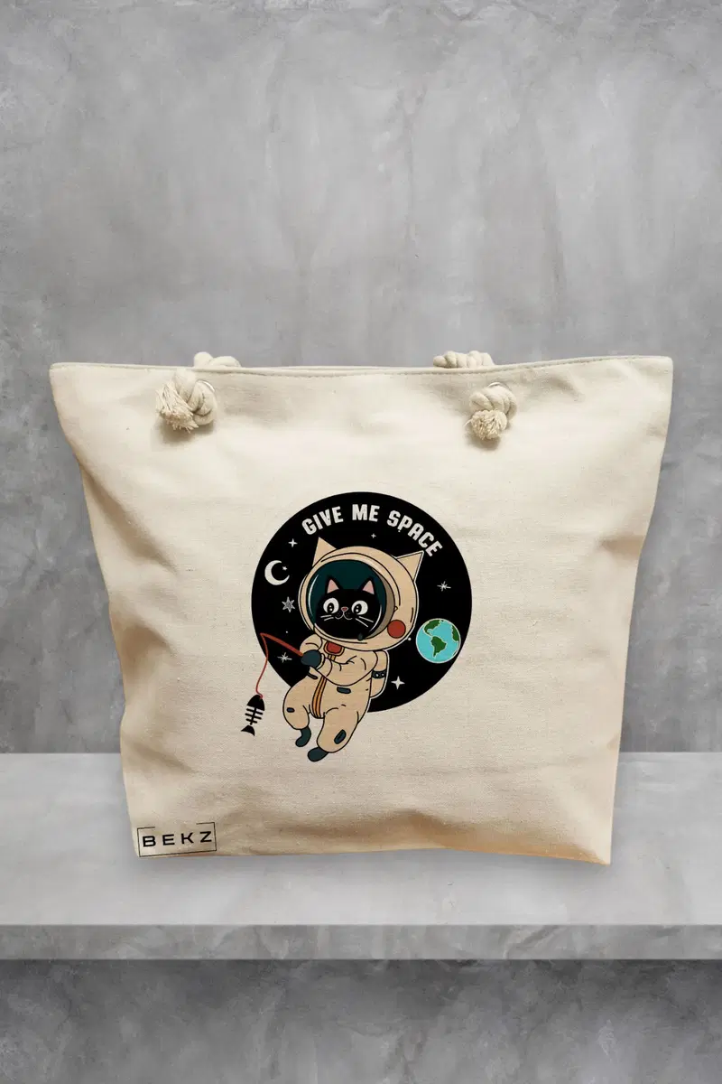 Geanta de Plaja Canvas Tote Bag pentru femei, model Give Me Space, 40x51 cm, Bej, BEKZ®