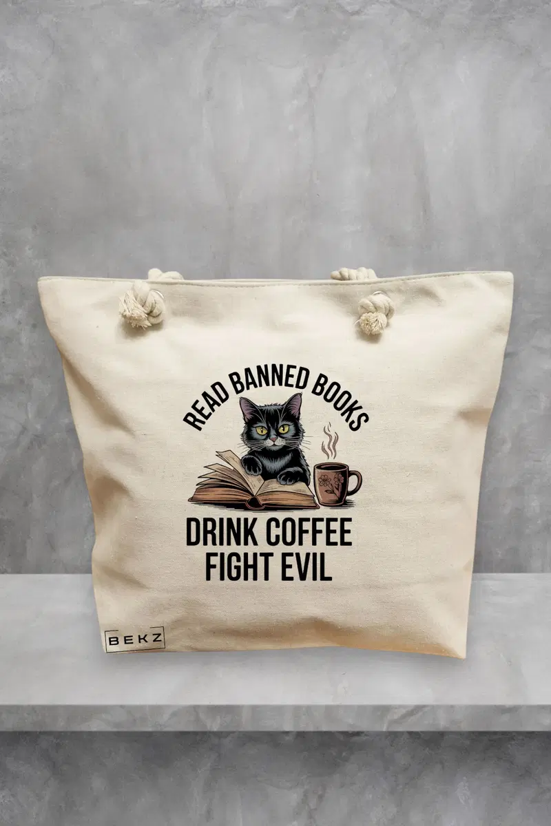 Geanta de Plaja Canvas Tote Bag pentru femei, model Read Banned Books, 40x51 cm, Bej, BEKZ®