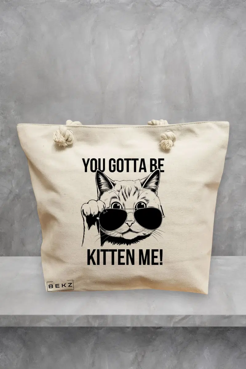 Geanta de Plaja Canvas Tote Bag pentru femei, model Kitten Me, 40x51 cm, Bej, BEKZ®
