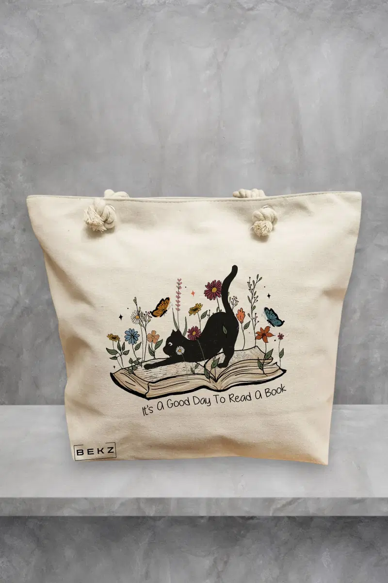 Geanta de Plaja Canvas Tote Bag pentru femei, model Good Day To Read, 40x51 cm, Bej, BEKZ®