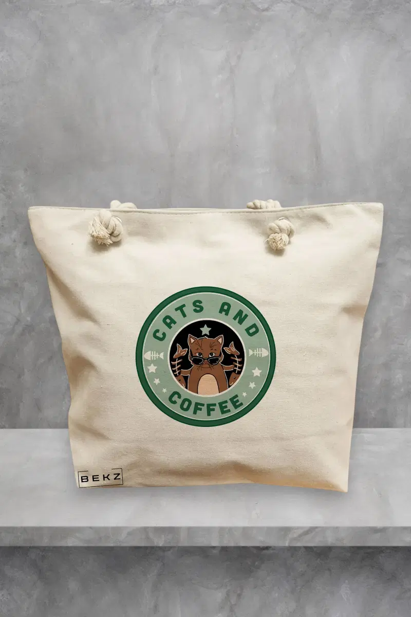 Geanta de Plaja Canvas Tote Bag pentru femei, model Cats And Coffee, 40x51 cm, Bej, BEKZ®