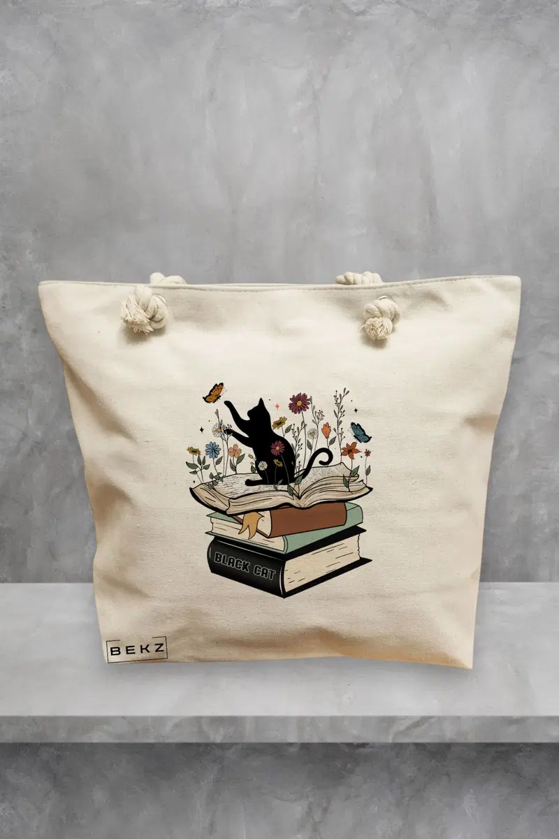 Geanta de Plaja Canvas Tote Bag pentru femei, model Black Cat, 40x51 cm, Bej, BEKZ®