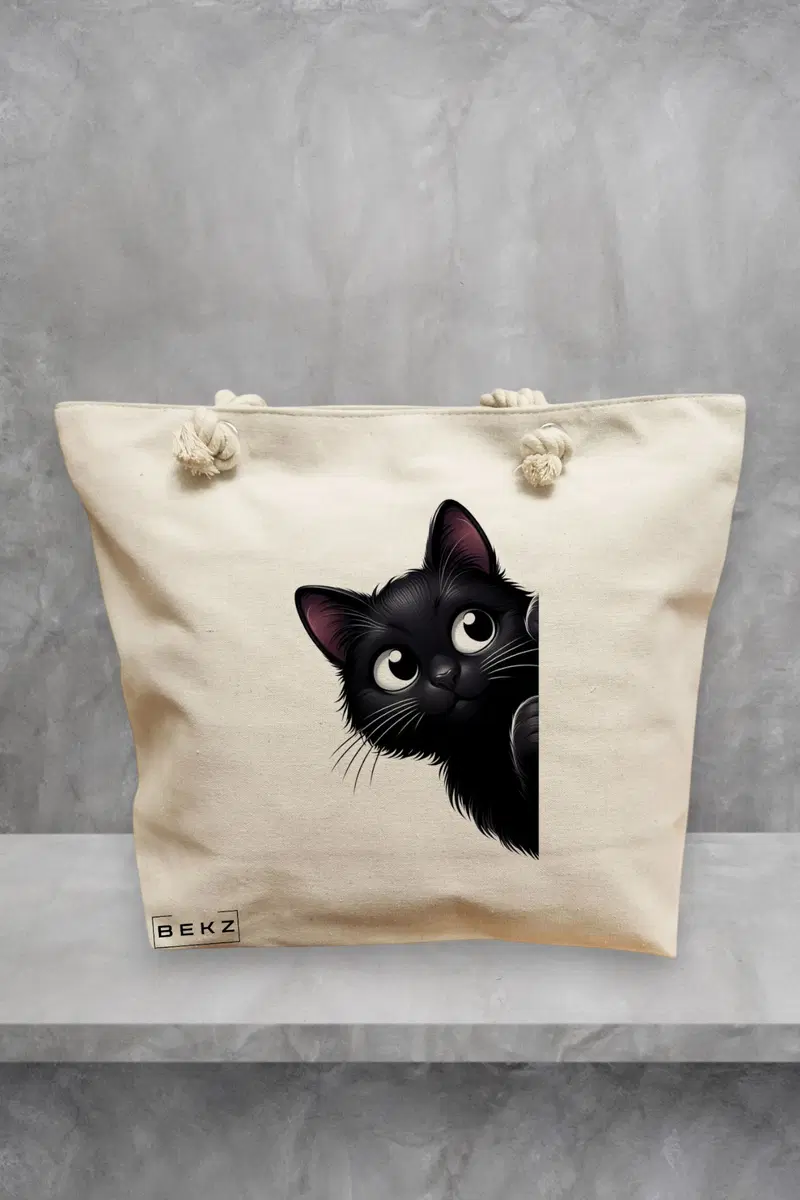 Geanta de Plaja Canvas Tote Bag pentru femei, model Black Kitten, 40x51 cm, Bej, BEKZ®