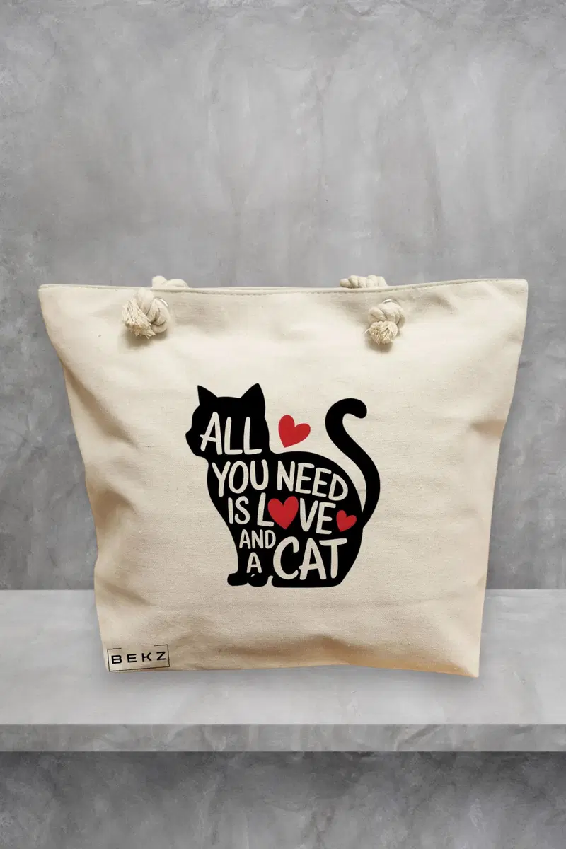 Geanta de Plaja Canvas Tote Bag pentru femei, model Love And A Cat, 40x51 cm, Bej, BEKZ®