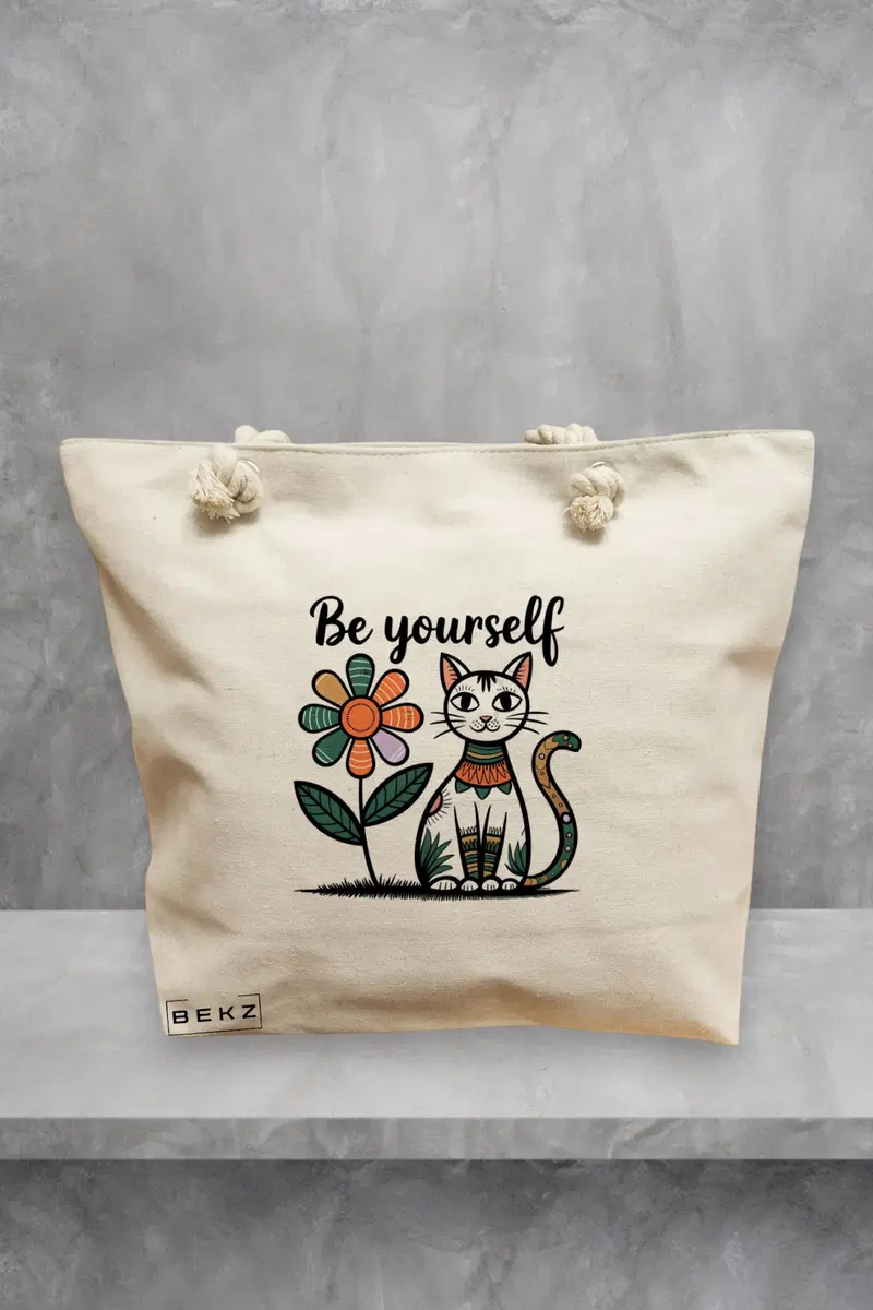 Geanta de Plaja Canvas Tote Bag pentru femei, model Be Yourself, 40x51 cm, Bej, BEKZ®