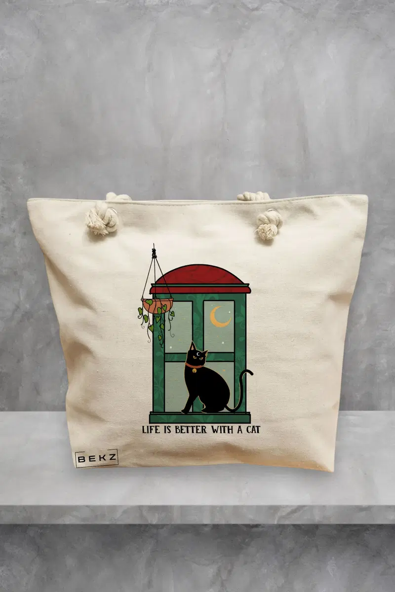 Geanta de Plaja Canvas Tote Bag pentru femei, model Better With A Cat, 40x51 cm, Bej, BEKZ®