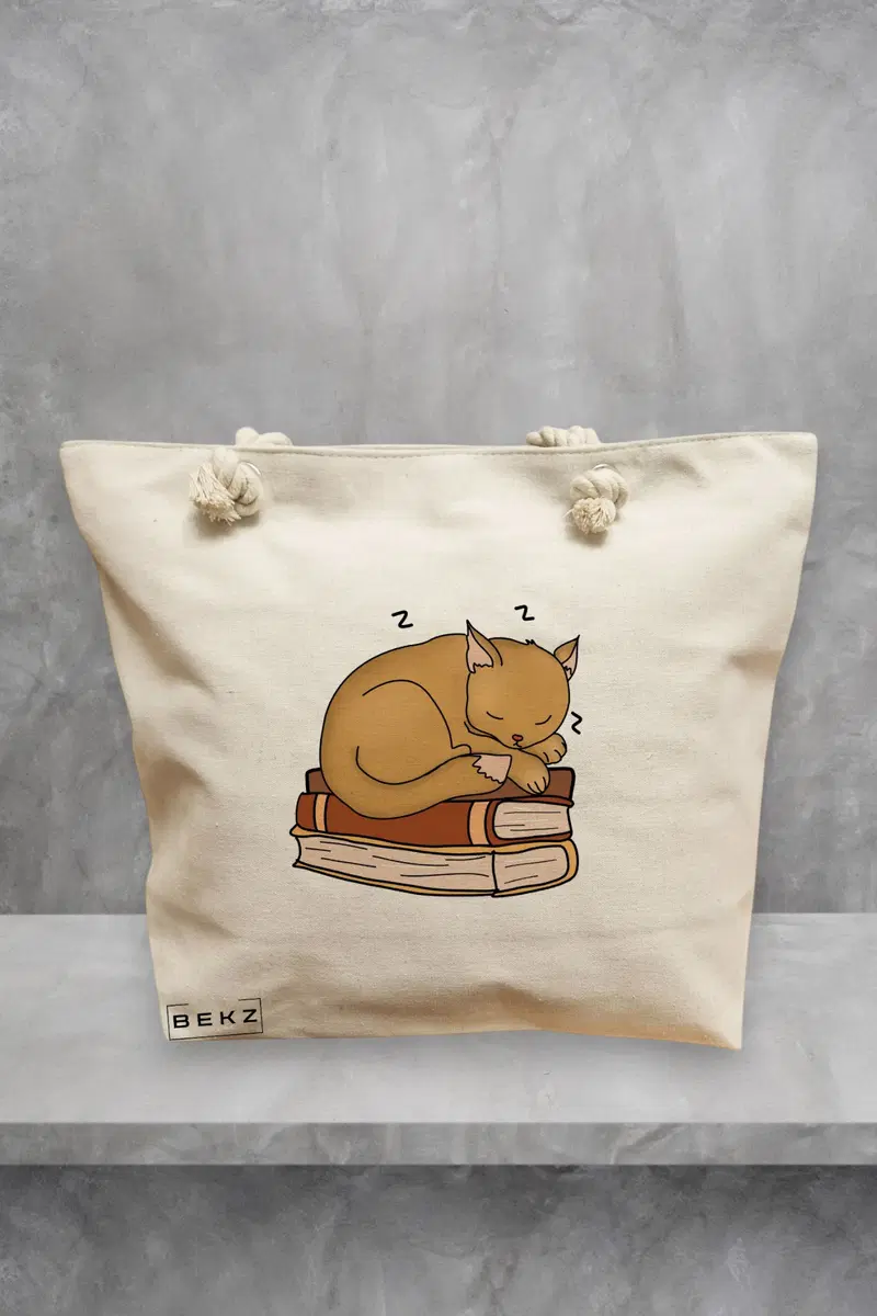 Geanta de Plaja Canvas Tote Bag pentru femei, model Pisica Adormita, 40x51 cm, Bej, BEKZ®