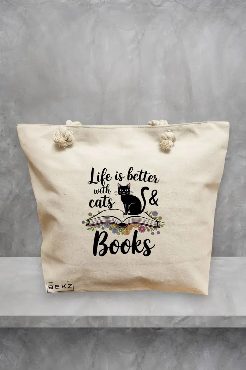 Geanta de Plaja Canvas Tote Bag pentru femei, model Life Is Better With Cats, 40x51 cm, Bej, BEKZ®