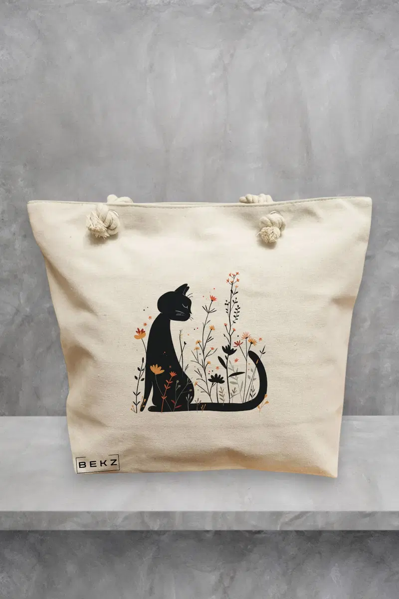 Geanta de Plaja Canvas Tote Bag pentru femei, model Pisica in Flori Salbatice, 40x51 cm, Bej, BEKZ®