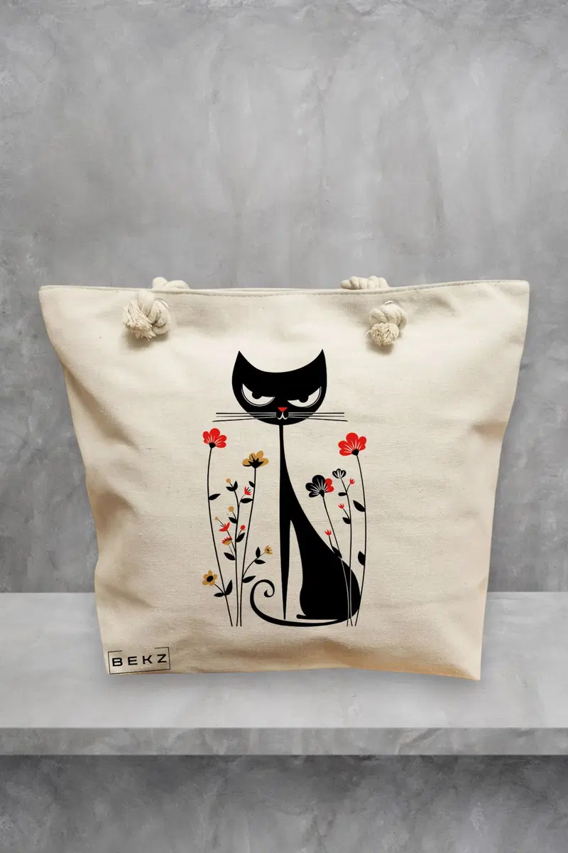 Geanta de Plaja Canvas Tote Bag pentru femei, model Pisica Retro cu Flori, 40x51 cm, Bej, BEKZ®