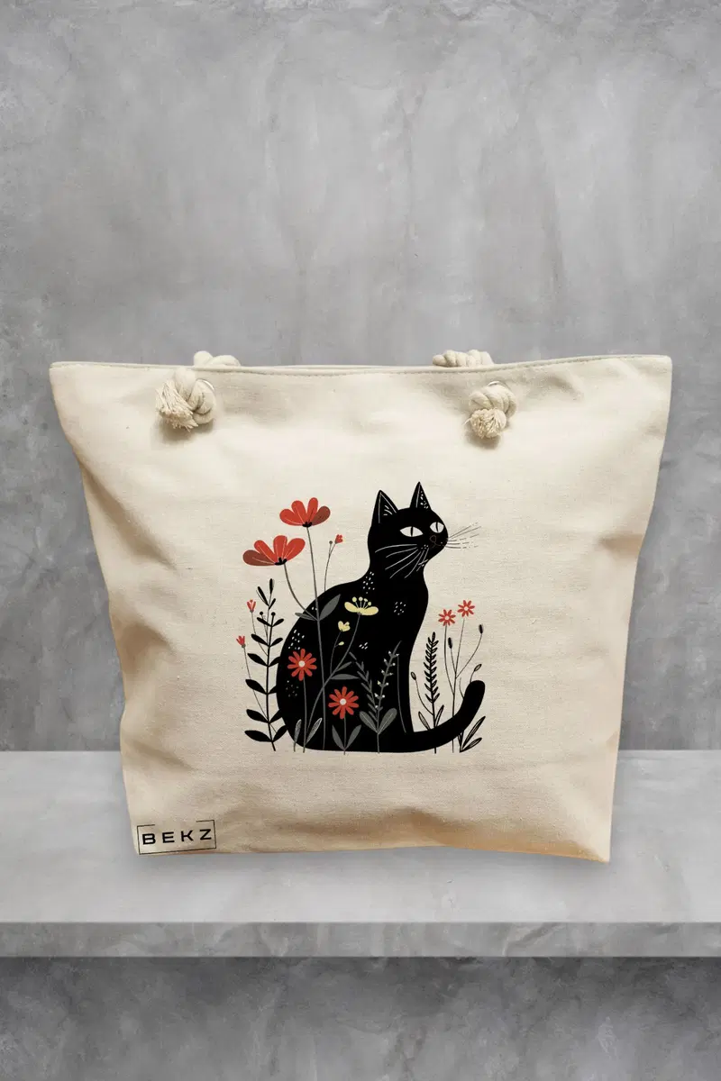 Geanta de Plaja Canvas Tote Bag pentru femei, model Pisica cu Model Floral, 40x51 cm, Bej, BEKZ®