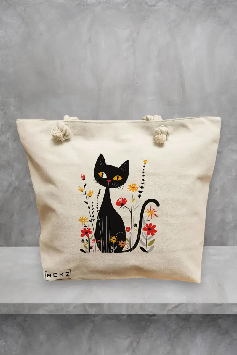 Geanta de Plaja Canvas Tote Bag pentru femei, model Pisica cu Ochi Galbeni, 40x51 cm, Bej, BEKZ®