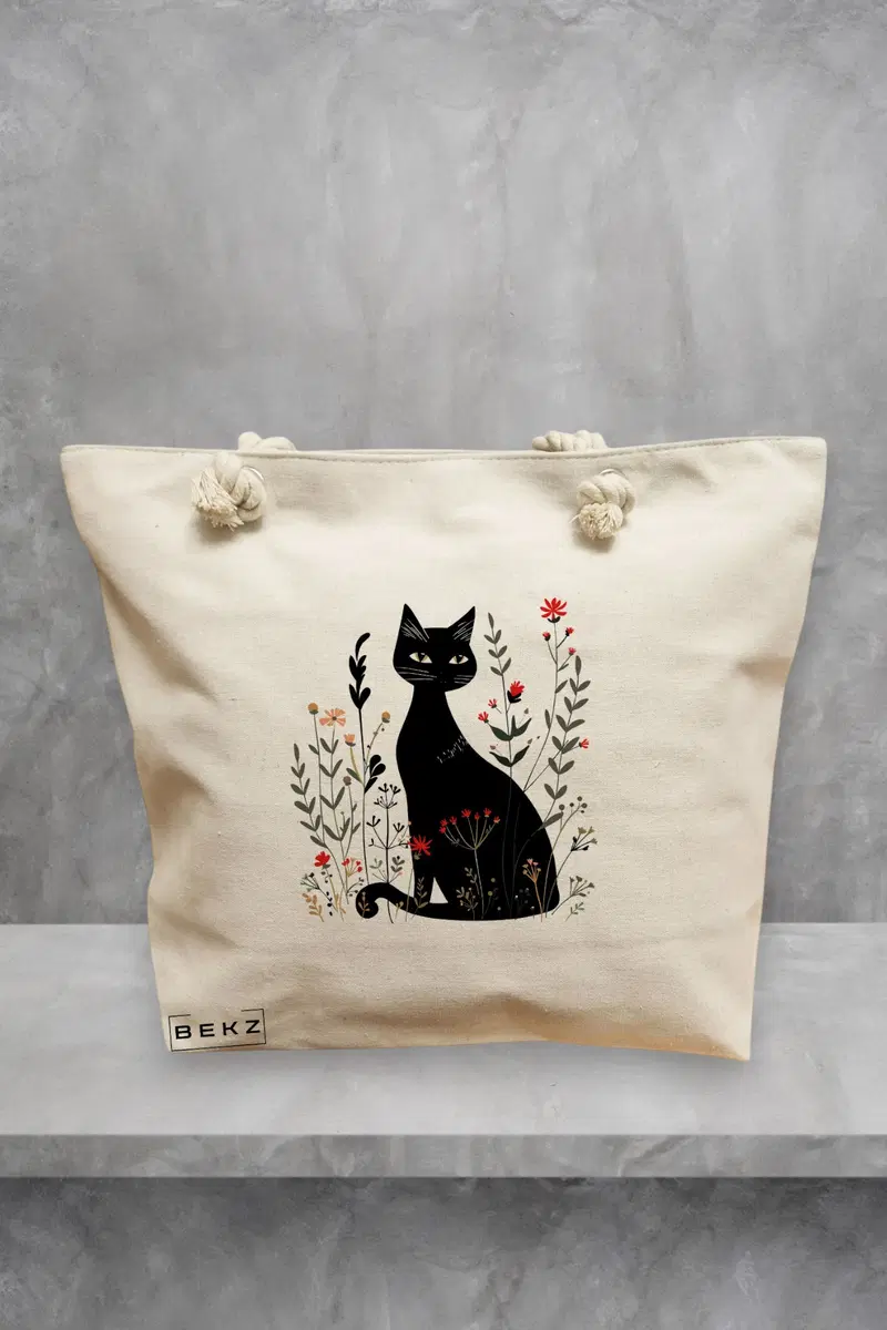 Geanta de Plaja Canvas Tote Bag pentru femei, model Pisica in Gradina, 40x51 cm, Bej, BEKZ®