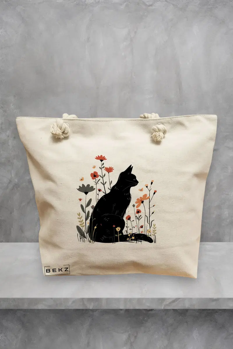 Geanta de Plaja Canvas Tote Bag pentru femei, model Pisica printre Maci, 40x51 cm, Bej, BEKZ®