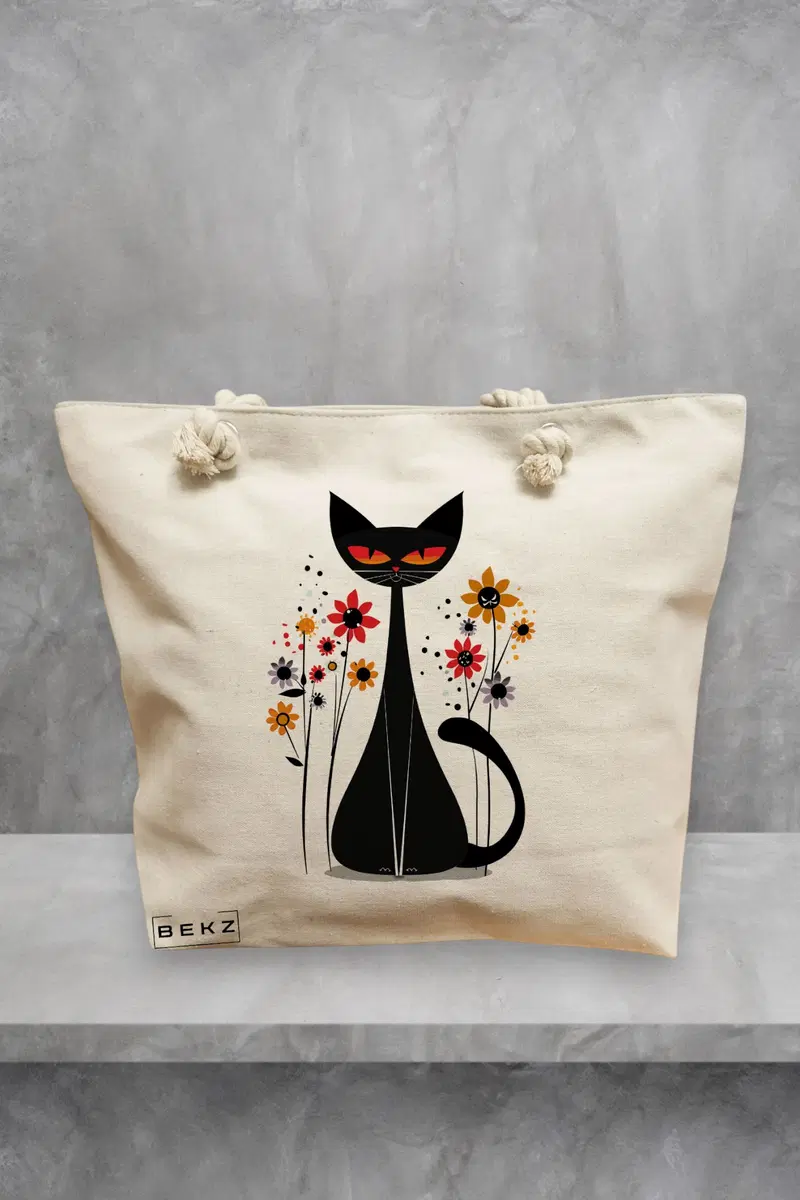 Geanta de Plaja Canvas Tote Bag pentru femei, model Pisica Retro Ochi de Foc, 40x51 cm, Bej, BEKZ®