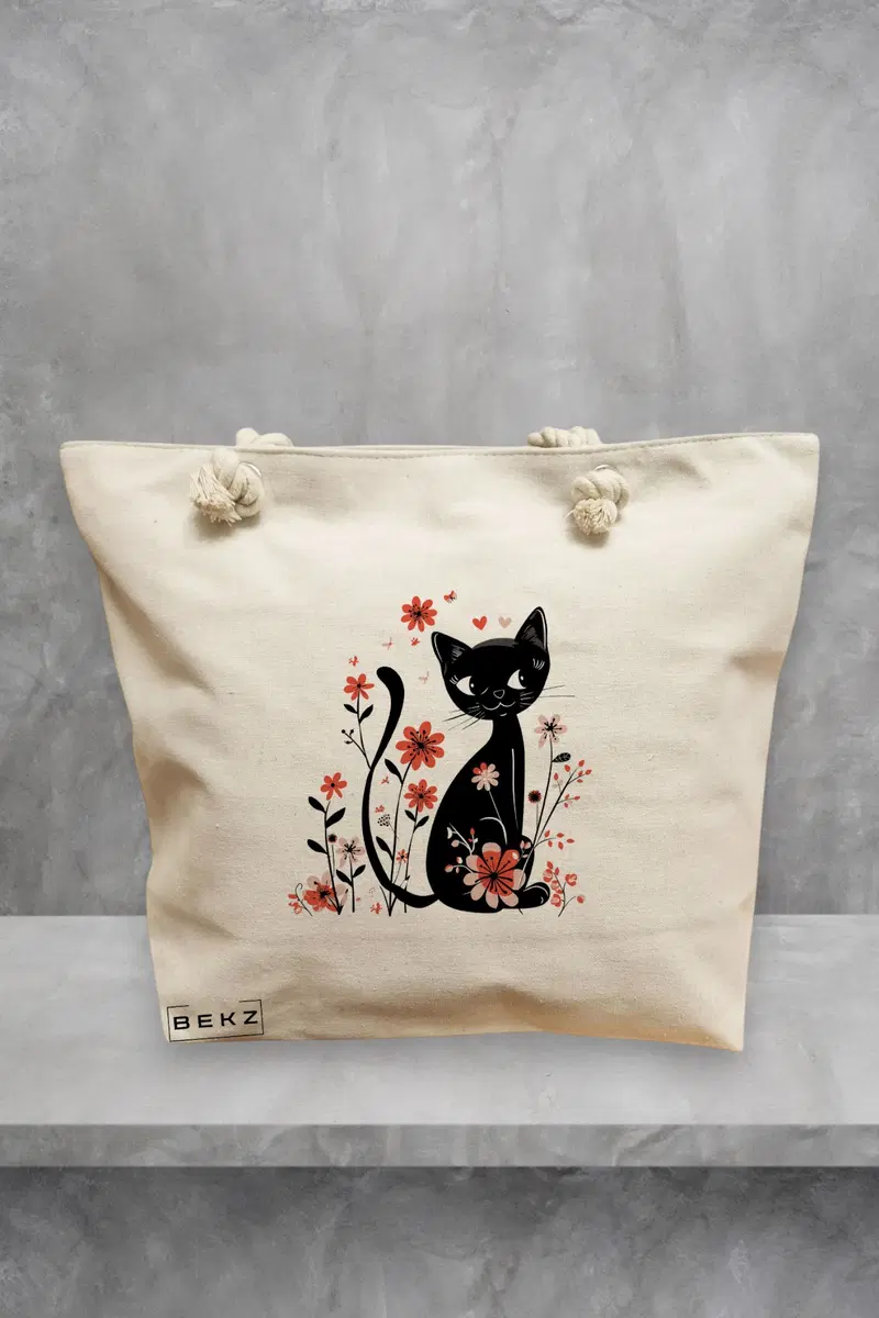 Geanta de Plaja Canvas Tote Bag pentru femei, model Pisica Zambitoare, 40x51 cm, Bej, BEKZ®