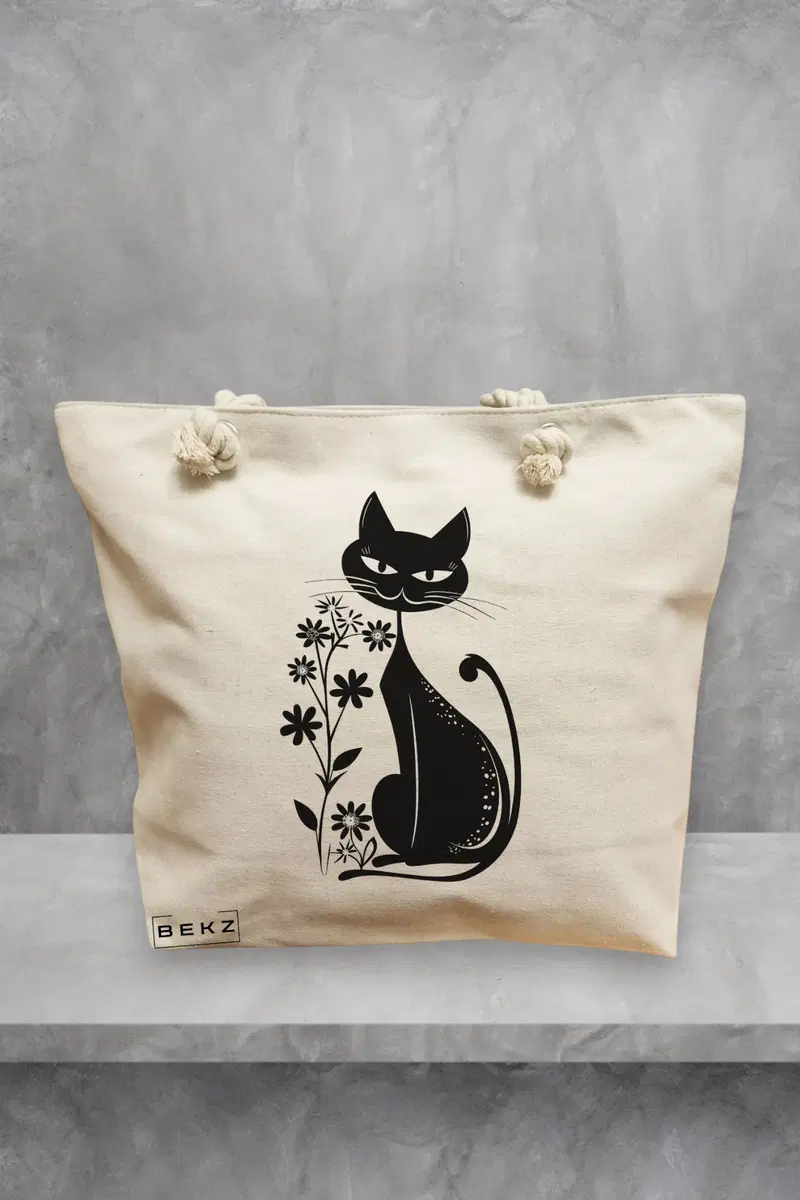 Geanta de Plaja Canvas Tote Bag pentru femei, model Pisica Monocroma, 40x51 cm, Bej, BEKZ®