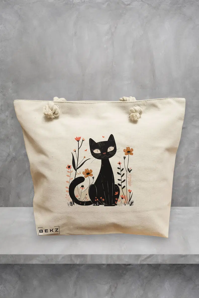 Geanta de Plaja Canvas Tote Bag pentru femei, model Pisica Draguta cu Inimioara, 40x51 cm, Bej, BEKZ®