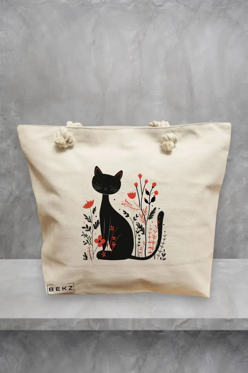 Geanta de Plaja Canvas Tote Bag pentru femei, model Pisica Neagra si Maci, 40x51 cm, Bej, BEKZ®