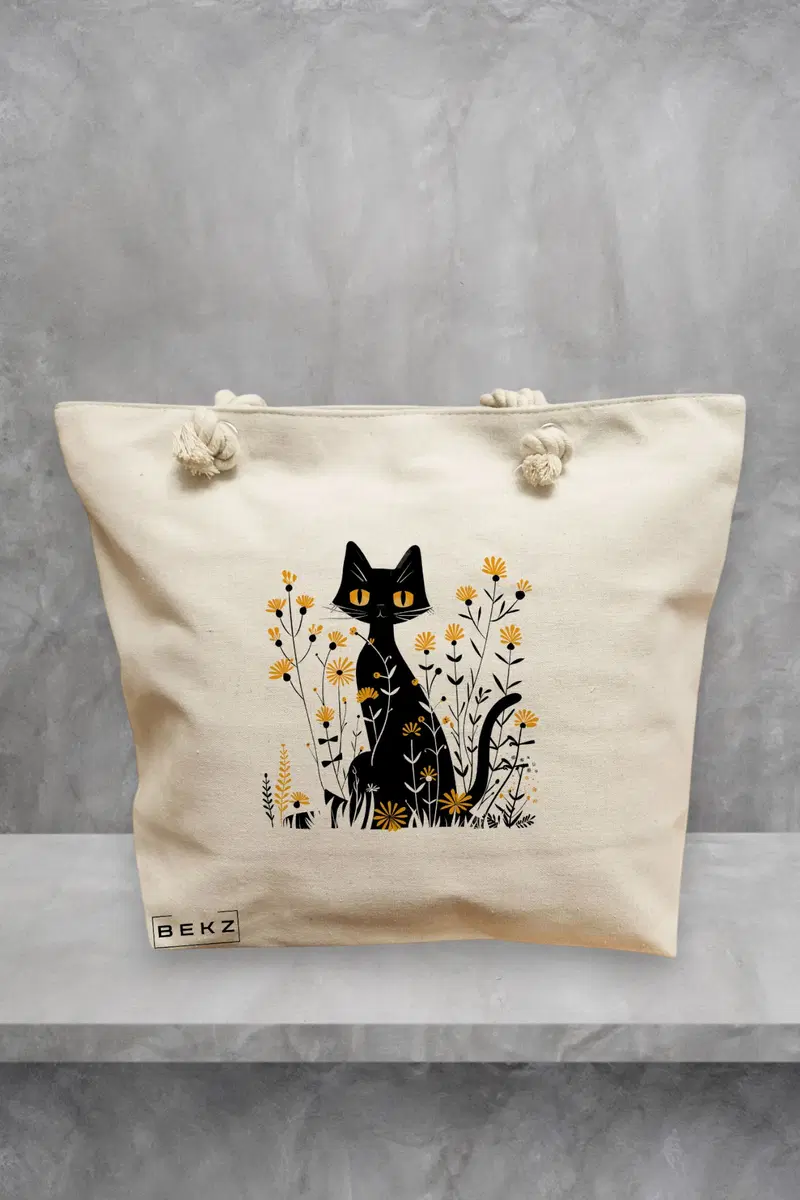Geanta de Plaja Canvas Tote Bag pentru femei, model Pisica Neagra cu Flori Galbene, 40x51 cm, Bej, BEKZ®