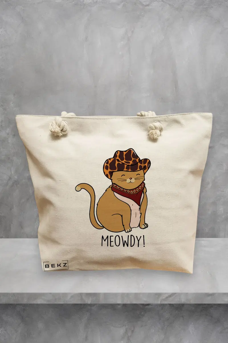Geanta de Plaja Canvas Tote Bag pentru femei, model Meowdy, 40x51 cm, Bej, BEKZ®