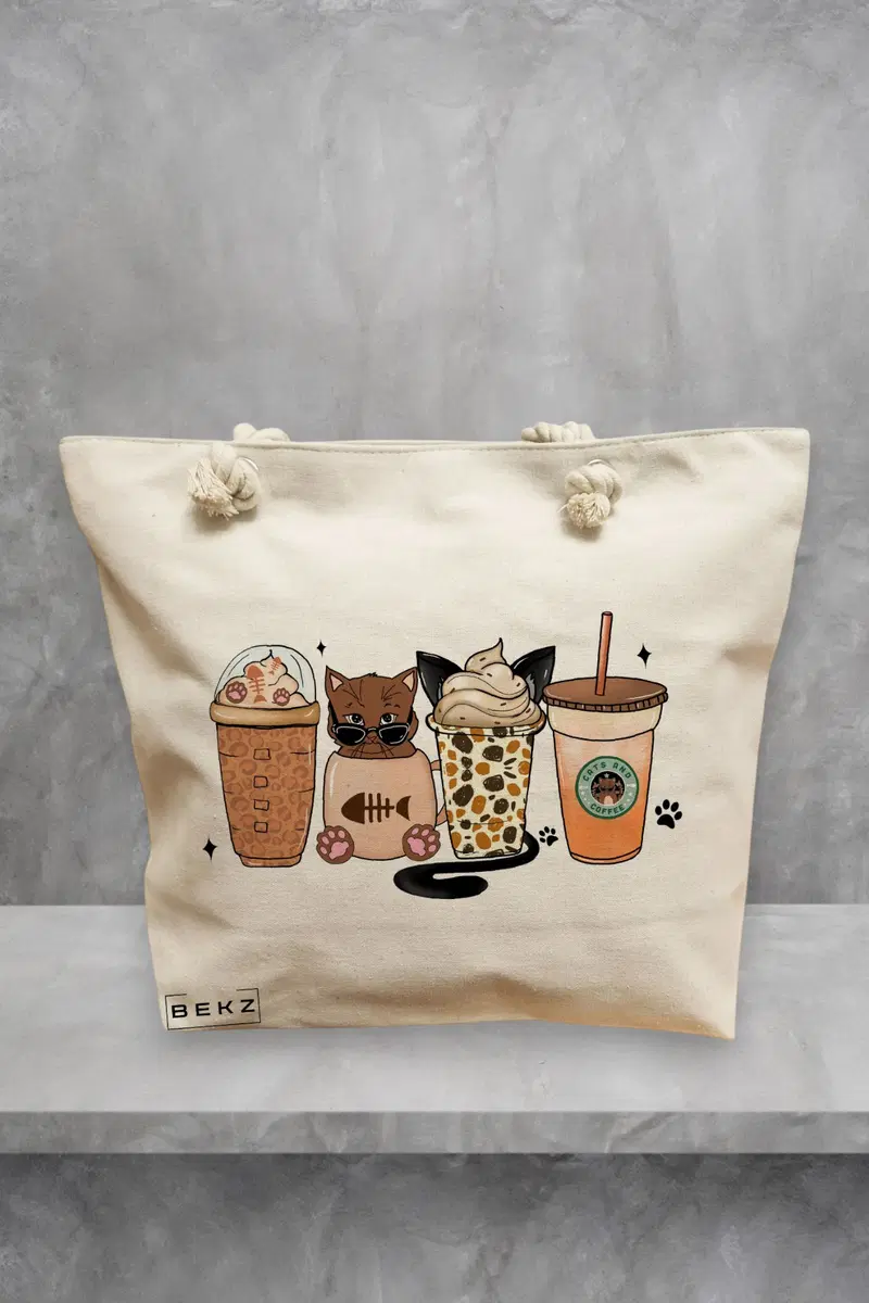 Geanta de Plaja Canvas Tote Bag pentru femei, model Cats and Coffee, 40x51 cm, Bej, BEKZ®