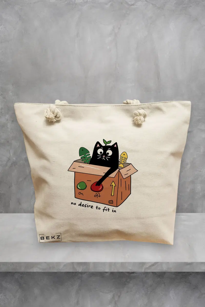 Geanta de Plaja Canvas Tote Bag pentru femei, model No Desire To Fit In, 40x51 cm, Bej, BEKZ®