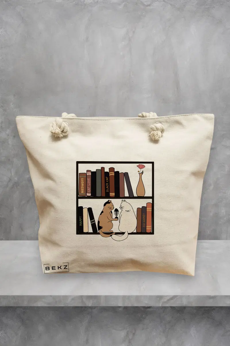 Geanta de Plaja Canvas Tote Bag pentru femei, model Pisici la Biblioteca, 40x51 cm, Bej, BEKZ®