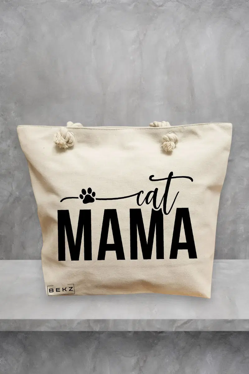 Geanta de Plaja Canvas Tote Bag pentru femei, model Cat Mama, 40x51 cm, Bej, BEKZ®