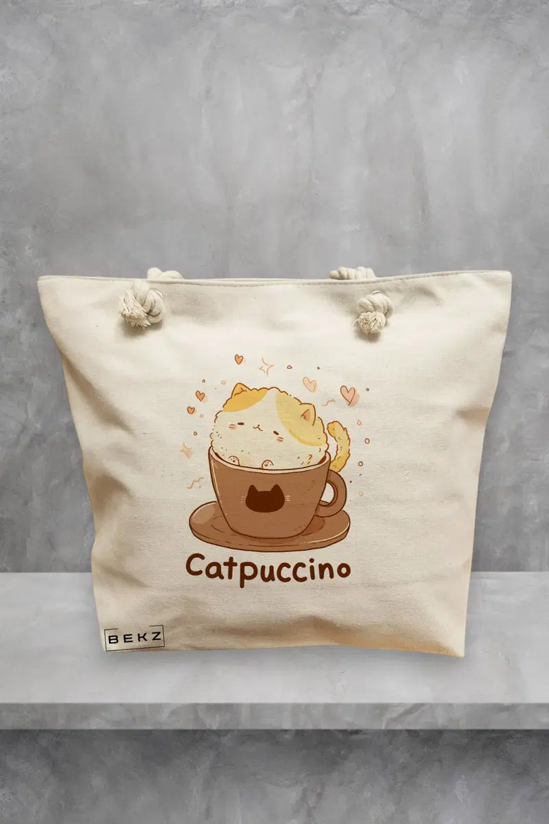 Geanta de Plaja Canvas Tote Bag pentru femei, model Catpuccino, 40x51 cm, Bej, BEKZ®