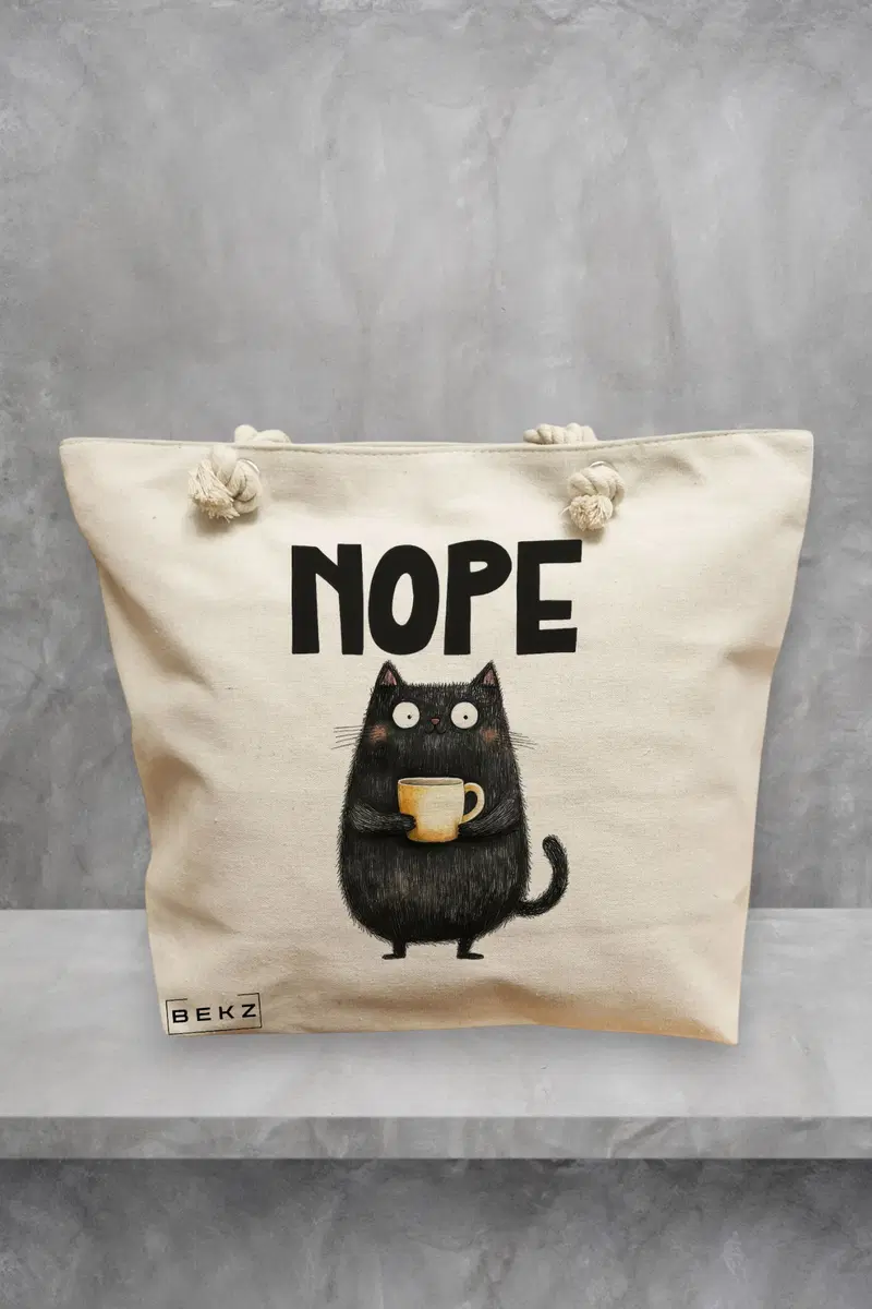 Geanta de Plaja Canvas Tote Bag pentru femei, model Nope, 40x51 cm, Bej, BEKZ®