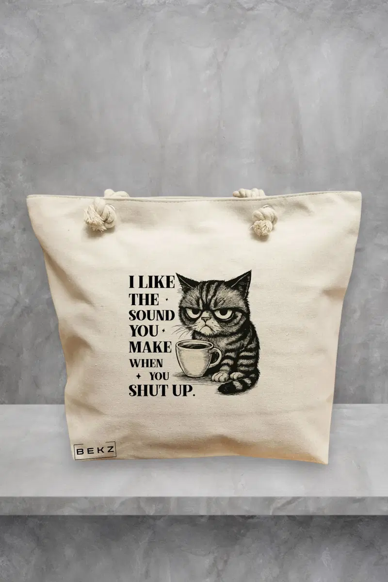 Geanta de Plaja Canvas Tote Bag pentru femei, model Pisica Ursuza, 40x51 cm, Bej, BEKZ®